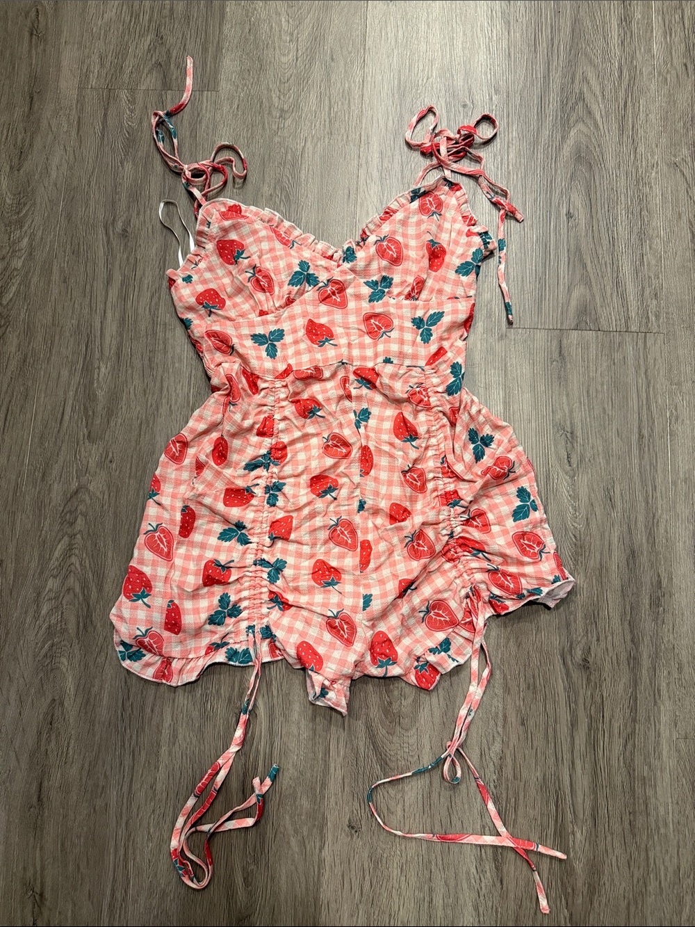 SHEIN Pink Strawberry Gingham Tie-Back One-Piece Romper